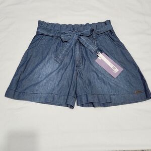 Like Wear Blue Chambray Paperbag Lightweight High Waist Tie Belt Shorts Size 6 S